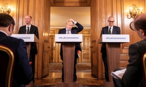 Chief medical officer Chris Whitty, PM Boris Johnson and Chief scientific officer Sir Patrick Vallance give a press conference on the pandemic, 16 March 2020