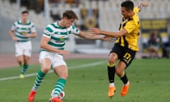 Champions League - Third Qualifying Round Second Leg - AEK Athens v Celtic<br>Soccer Football - Champions League - Third Qualifying Round Second Leg - AEK Athens v Celtic - Athens Olympic Stadium, Athens, Greece - August 14, 2018  Celtic's Jack Hendry in action with AEK Athens' Viktor Klonaridis   REUTERS/Alkis Konstantinidis