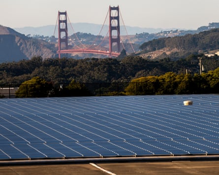Solar panels in the foreground and San Francisco’s Golden Gate Bridge in the background