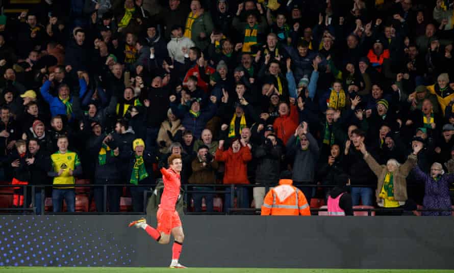 Norwich City’s Josh Sargent celebrates scoring their second goal.