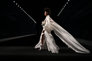 Madrid, Spain A model presents a creation by Spanish designer Marcos Luengo’s during the Mercedes Benz fashion week