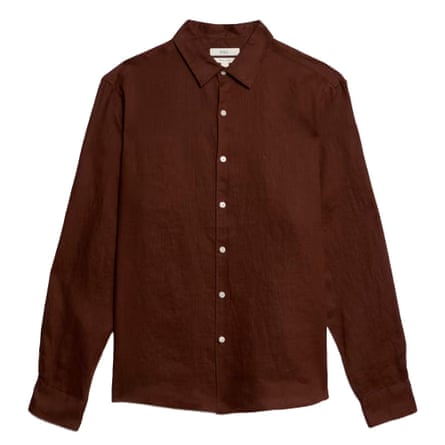 A buttoned-up brown linen shirt with white buttons. The background is white.
