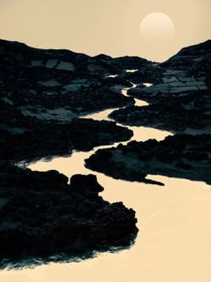 A sepia river coils through a dark, rocky landscape, reflecting the sepia sky