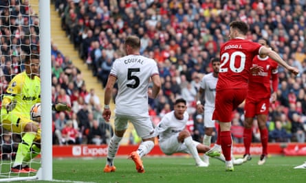 Diogo Jota of Liverpool scores his team’s third goal against West Ham