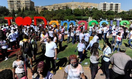 People during an ‘I Love Damascus’ marathon in Umayyad Square, Damascus