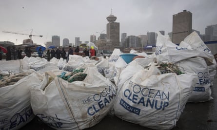 Bags of plastic recovered by Ocean Cleanup on display in Vancouver in December 2019.