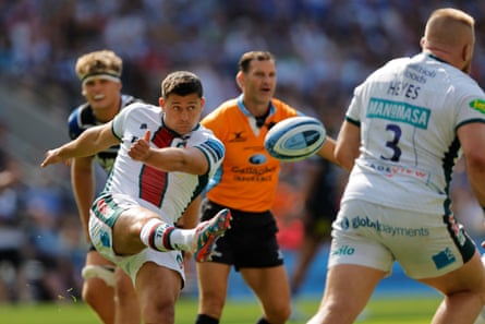 Ben Youngs kicks the ball during the Premiership final, his farewell match