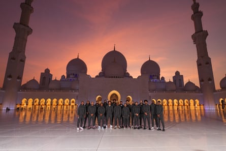 The Philadelphia 76ers takes a team photo at the Sheikh Zayed Grand Mosque as part of their NBA Global Games visit in Abu Dhabi in September.