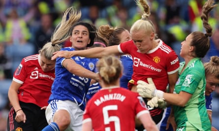 Jess Sigsworth in the thick of the action against her former club Manchester United this season