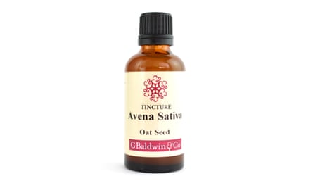 A dark brown glass bottle with a black lid and a cream and magenta label reading Avena Sativa tincture, oat seed