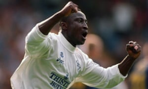 WIMBLEDON V LEEDS<br>23 SEP 1995: TONY YEBOAH OF LEEDS UNITED TURNS TO CELEBRATES HIS SECOND GOAL OF THE MATCH AND THE THIRD FOR LEEDS UNITED DURING THE PREMIER LEAGUE MATCH AT SELHURST PARK WIMBLEDON V LEEDS UNITED Mandatory Credit: Phil Cole/ALLSPORT