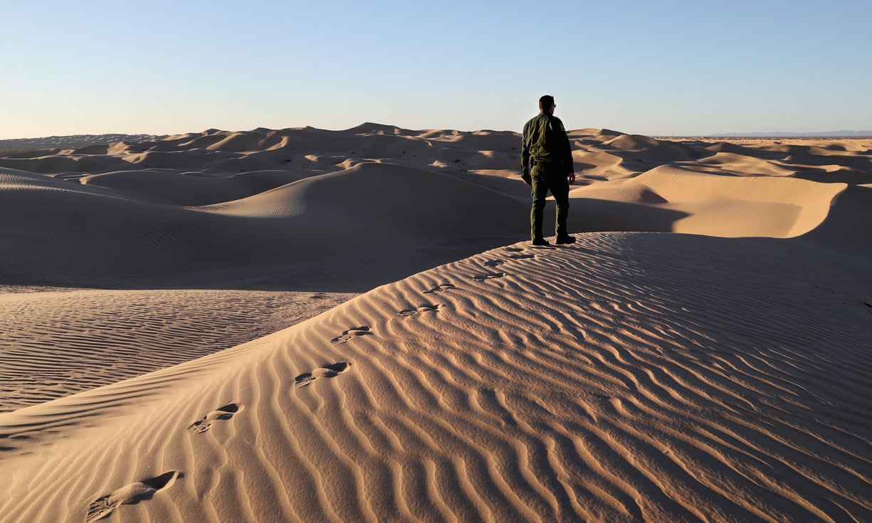 A US Border Patrol agent stands atop a dune along the US-Mexico border last month near Felicity, California. Photograph: John Moore/Getty Images