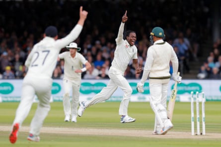 England’s Jofra Archer celebrates taking the wicket of Usman Khawaja at Lord’s in 2019