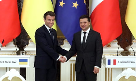 The President of Ukraine, Volodymyr Zelenskiy, right, meets President Emmanuel Macron in Kyiv, Ukraine. 