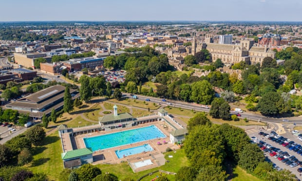 An aerial view of Peterborough lido, cathedral and city.