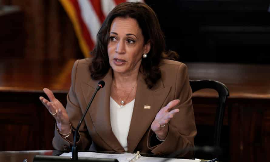 US Vice President Kamala Harris meets with state attorneys general on protecting reproductive health care access in the Ceremonial office at the White House complex earlier today.