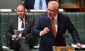 Treasurer Josh Frydenberg and Prime Minister Scott Morrison during Question Time in the House of Representatives at Parliament House on October 08, 2020 in Canberra, Australia.