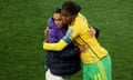 Jamaica's Khadija Shaw hugs Marta after Jamaica knocked out Brazil
