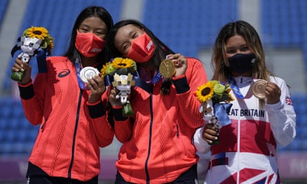 From left, silver medallist Kokona Hiraki, gold medallist Sakura Yosozumi, and bronze medallist Sky Brown of Britain.