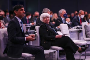The US treasury secretary, Janet Yellen, a former chair of the Federal Reserve, looks over at the chancellor, Rishi Sunak, on day four of Cop26.