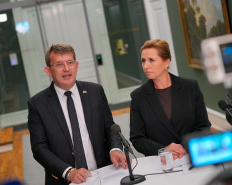 Danish prime minister Mette Frederiksen (right), Deputy prime minister and defence minister Troels Lund Poulsen (left) hold a press briefing on defense measures in response to the security situation at the prime minister's Office in Copenhagen, Denmark.