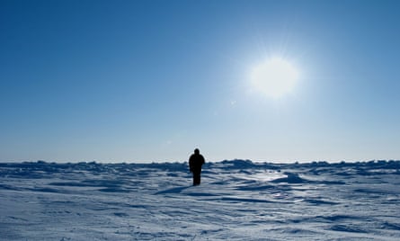 Still from Nummer Negen, The Day I Didn’t Turn With the World, in which Guido van der Werve walks clockwise, in opposite rotation to the Earth, at the north pole.