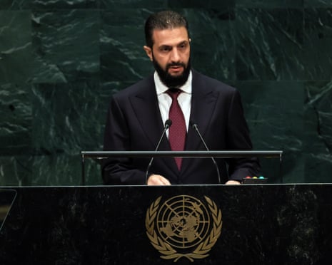 Syrian President Ahmed al-Sharaa speaks during the 81st session of the United Nations General Assembly.