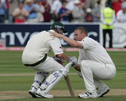 Andrew Flintoff, right, consoles Brett Lee after England won the second Ashes Test match by two runs at Edgbaston in 2005.