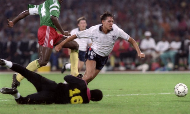 Gary Lineker is tripped by Cameroon goalkeeper Thomas N’Kono during the 1990 World Cup quarter-final.