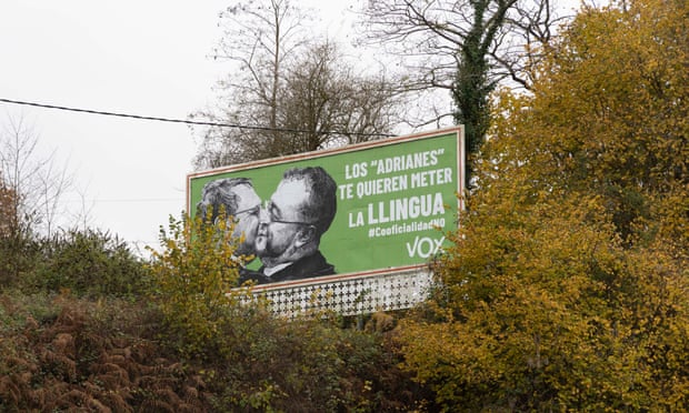 “They want to stuick their tongue in you.” Anti-Asturian language billboard from far-right Vox party. Photograph Beatriz Montes