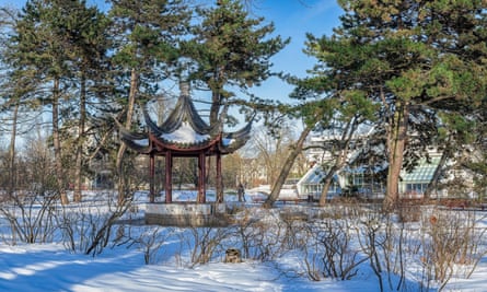 The Chinese pagoda in Riga’s Kronvalda Park, Latvia, covered in snow.
