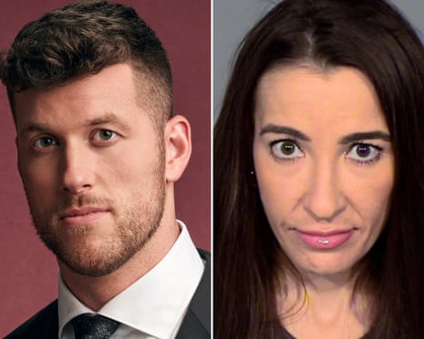 Split image of Clayton Echard in a suit and Laura Owens with long dark hair