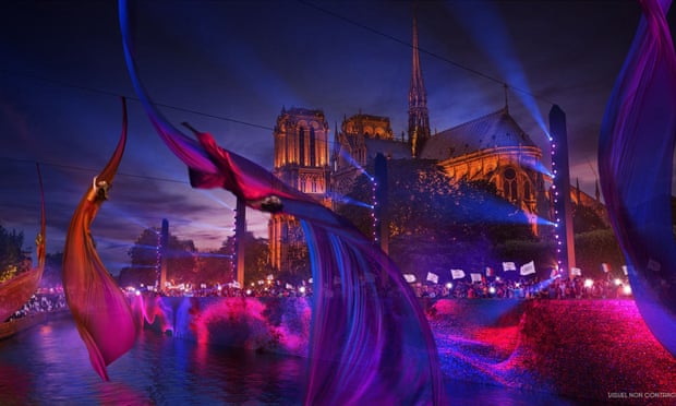 An illustration depicting the planned opening ceremony of the Paris Olympics on 26 July 2024