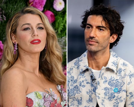 A composite image of Blake Lively, wearing a flowered gown, posing on the red carpet against a backdrop of flowers, and Justin Baldoni wearing a blue and white flowered shirt.