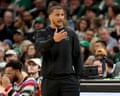 Joe MazzullaBoston Celtics Head Coach Joe Mazzulla directs from the sideline during the second half of an NBA basketball game against the Minnesota Timberwolves, Sunday, March 22, 2026, in Boston. (AP Photo/Mark Stockwell)