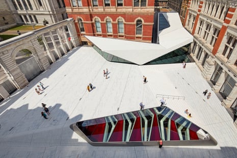 The V&A’s new cafe pavilion, ceramic-tiled Sackler courtyard and oculus looking down into the new underground gallery.