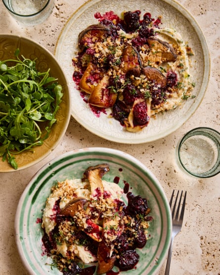Kenji Morimoto’s king oyster mushrooms with a blackberry, pomegranate and soy glaze and a chive and butter bean mash.