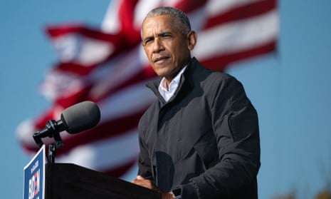 Former president Barack Obama speaks at a Get Out the Vote rally in Atlanta, Georgia, on 2 November 2020.