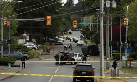 The scene at the Bank of Montreal in Saanich, British Columbia, on 28 June 2022 after the shootout between the twin brothers and police.