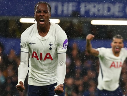 Mathys Tel celebrates the own goal by Mike Penders during the Premier League match between Chelsea and Tottenham