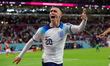 Phil Foden celebrates after scoring England’s second goal in their 3-0 win over Wales.