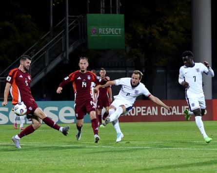 Harry Kane scores England’s second goal against Latvia