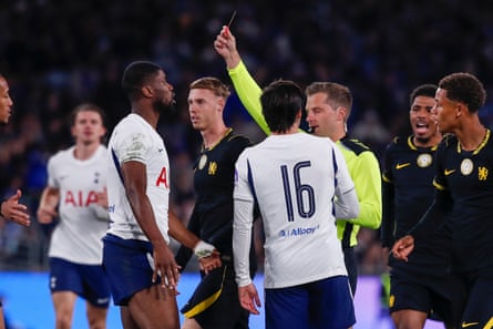 Kevin Danso receives a red card during the Sydney Super Cup match between Chelsea and Tottenham.