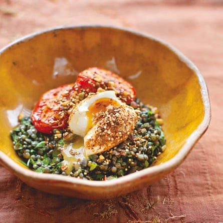 Roast tomatoes and lentils with dukka-crumbed eggs, From ‘ A change of appetite’ by Diana Henry. 20 best tomato recipes.
