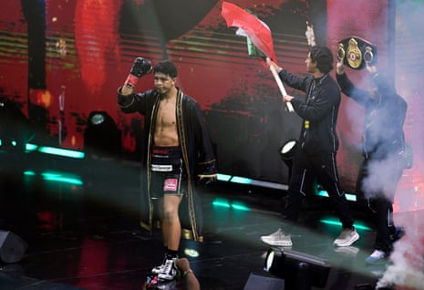 Jaime Munguía makes his ringwalk ahead of his WBA super-middleweight title defense in Riyadh.