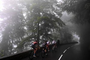 Stage 8 Oyonnax and Le Grand-Bornand A group of riders climbs a pass