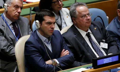 Greek prime minister Alexis Tsipras listens as US President Barack Obama addresses attendees during the 70th session of the United Nations General Assembly in Manhattan, New York, on 28 September.