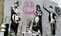 Black and white street art of four old people dressed in sports gear, with beatbox, by British artist Banksy