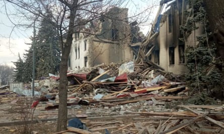 Aftermath image of the Drama Theatre in the encircled Ukrainian port city of Mariupol where hundreds of civilians were sheltering on Wednesday March 16, 2022 after Russian forces dropped two powerful bombs on it