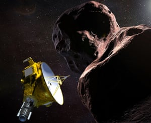 Bir sanatçının izlenimi, Pluto'nun 1 mil ötesindeki Kuiper kuşağında Arrokoth ile karşılaşan Yeni Ufuklar probunu gösteriyor.